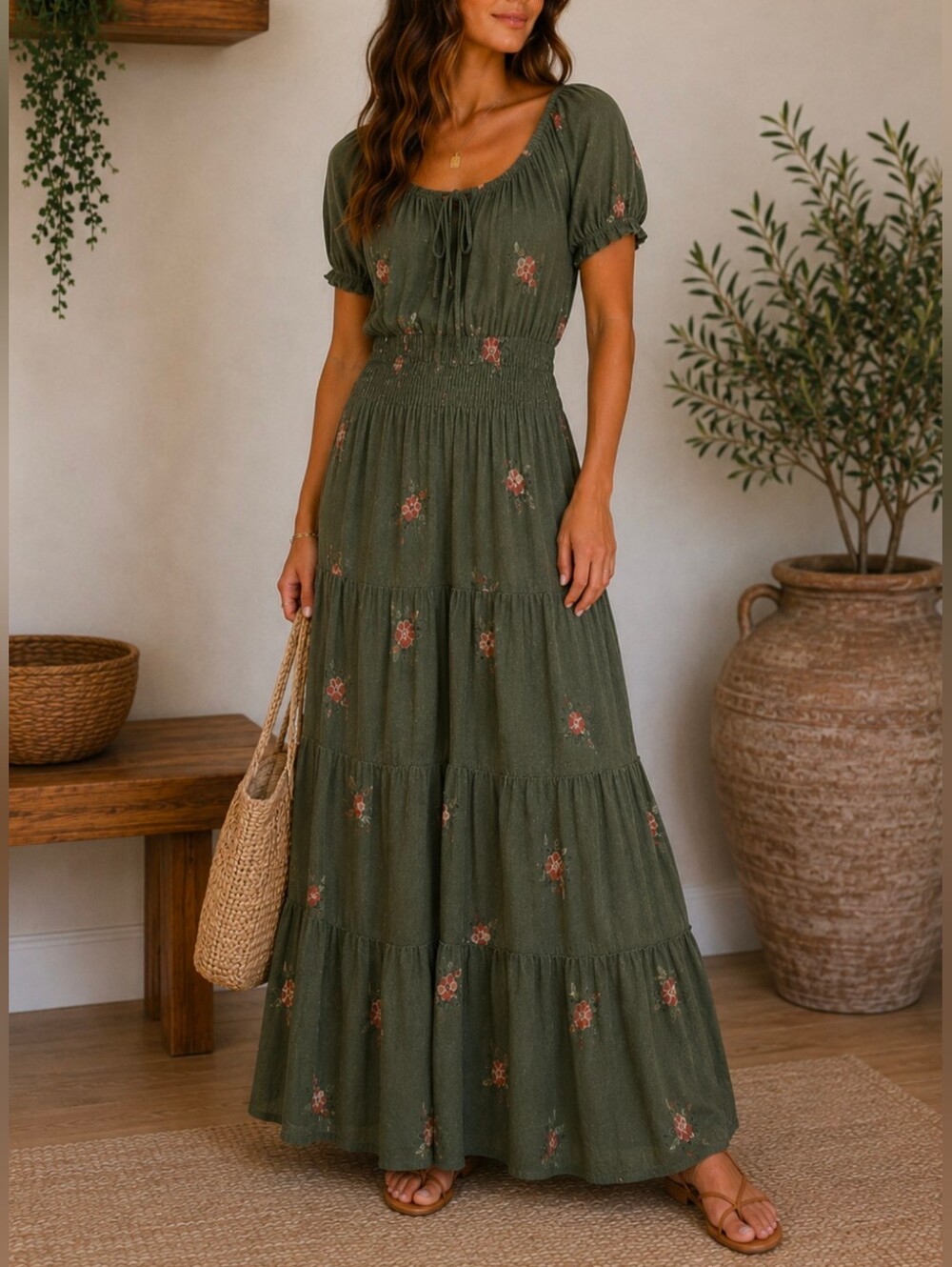 Anthropologie Kindred GreenFloral Embroidered Smocked Maxi Dress M